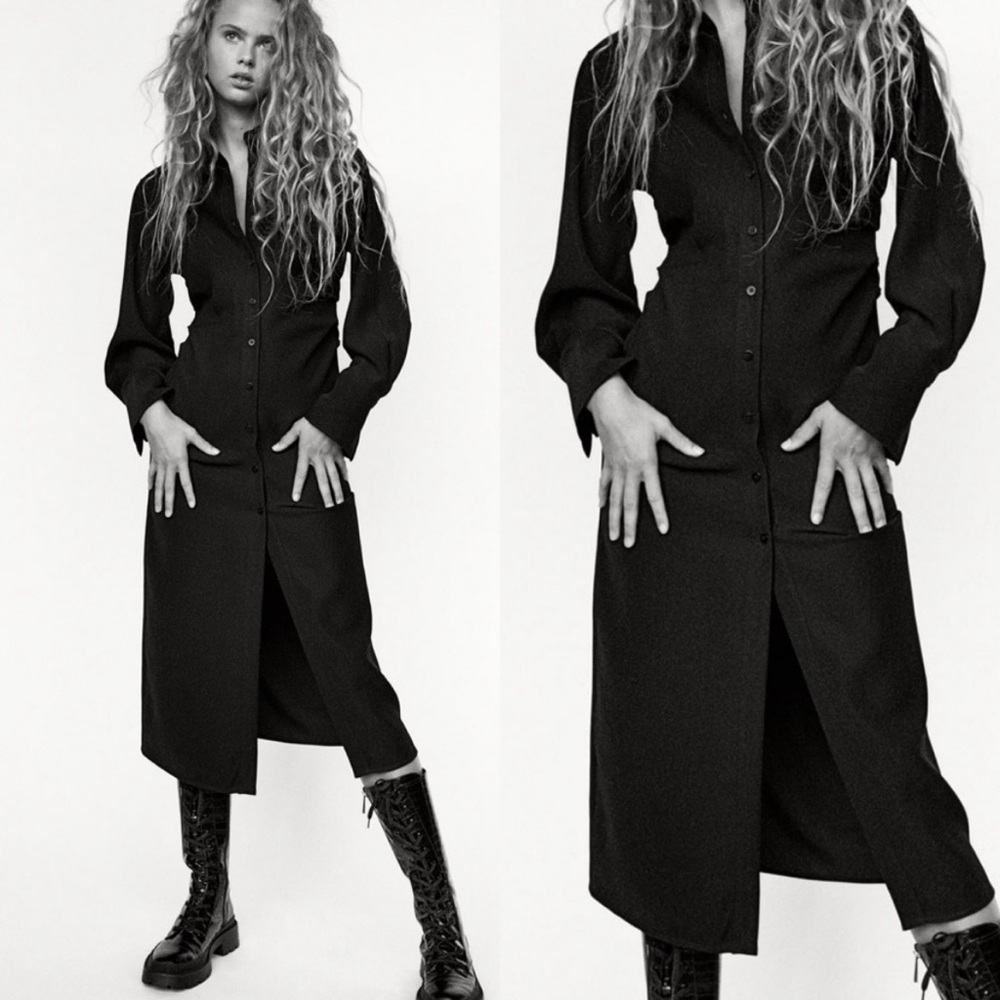 *ZARA* Black Draped Midi Shirt Dress